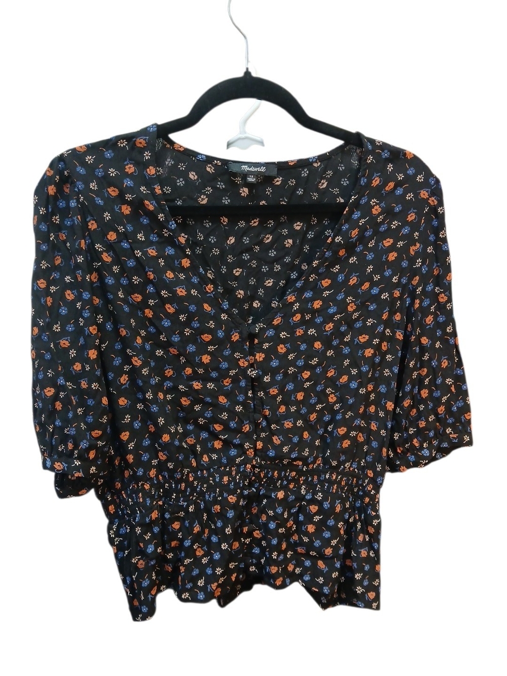 Madewell Black Floral Button-Front Peplum Blouse Size 12 #181